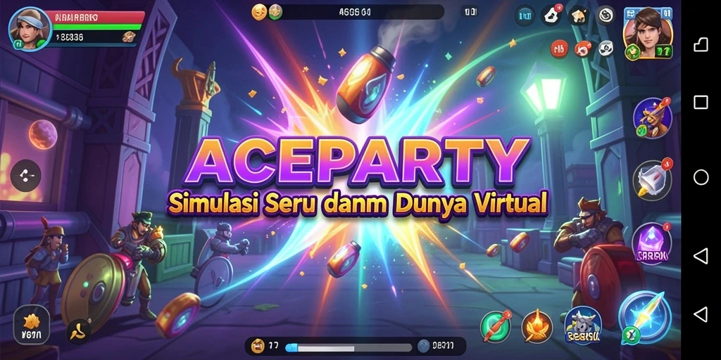 Tampilan gameplay ACEPARTY dengan elemen simulasi interaktif.
