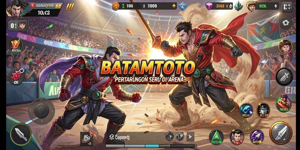 Tampilan gameplay intens dan karakter bertarung di arena.
