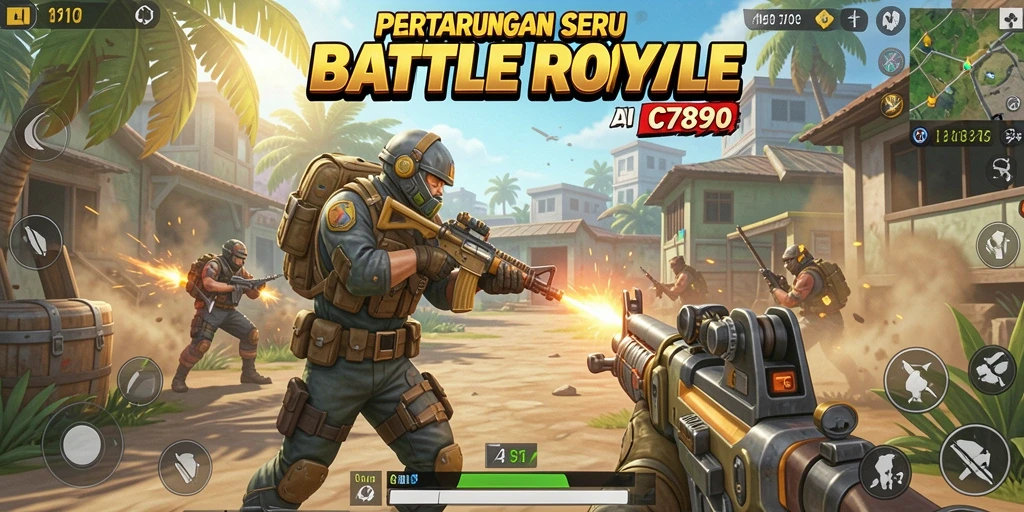 Screenshot gameplay C7890 menunjukkan aksi pertarungan yang intens di peta luas.