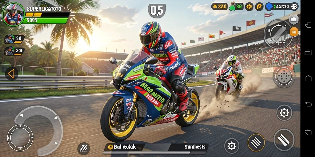 Gameplay SUPERLIGATOTO menampilkan balap motor yang mendebarkan.